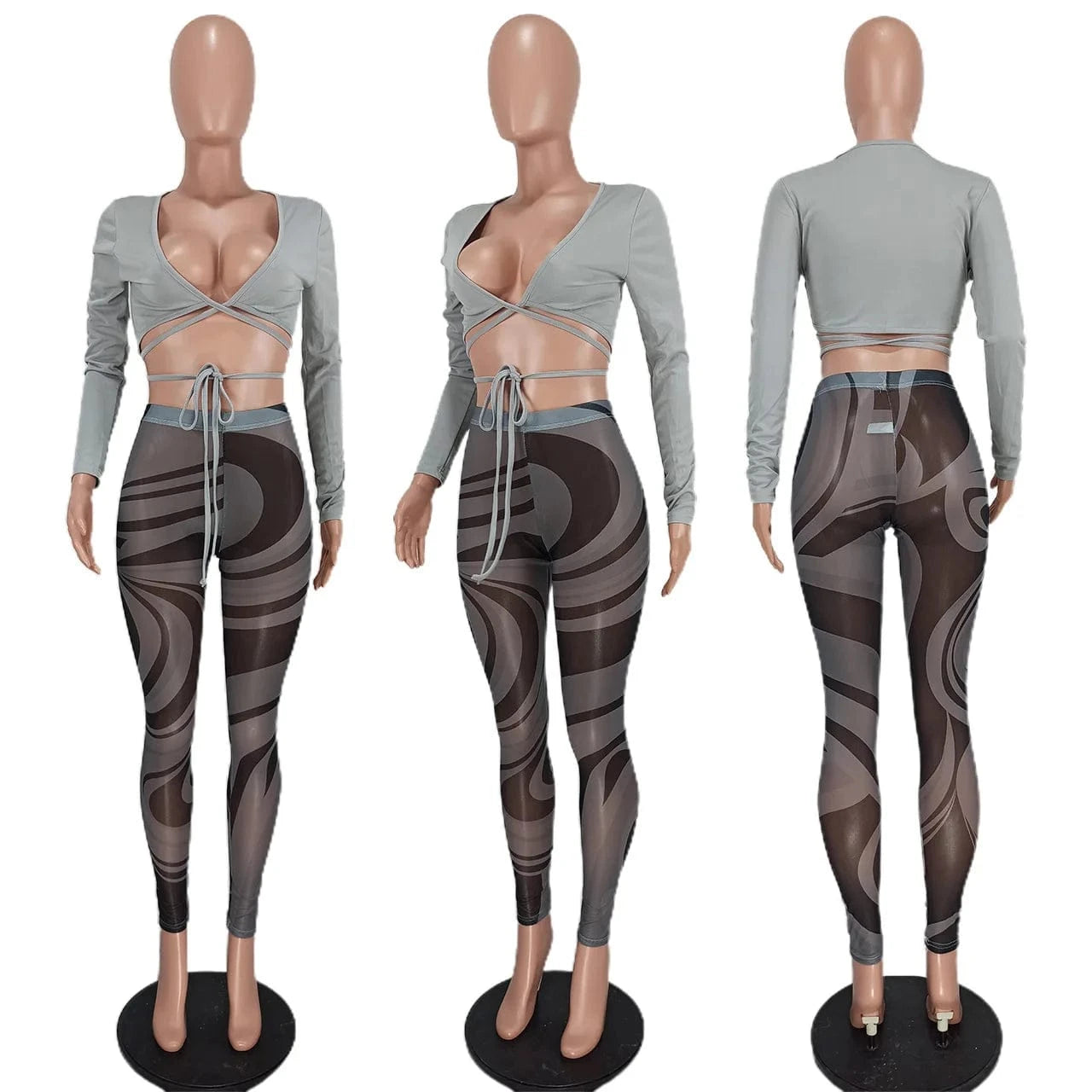 Summer Bandage Two Piece Set Sexy V Neck Lace Up Long Sleeve Crop Top Print Sheer Mesh Pants Club Party 2 Piece Set Women