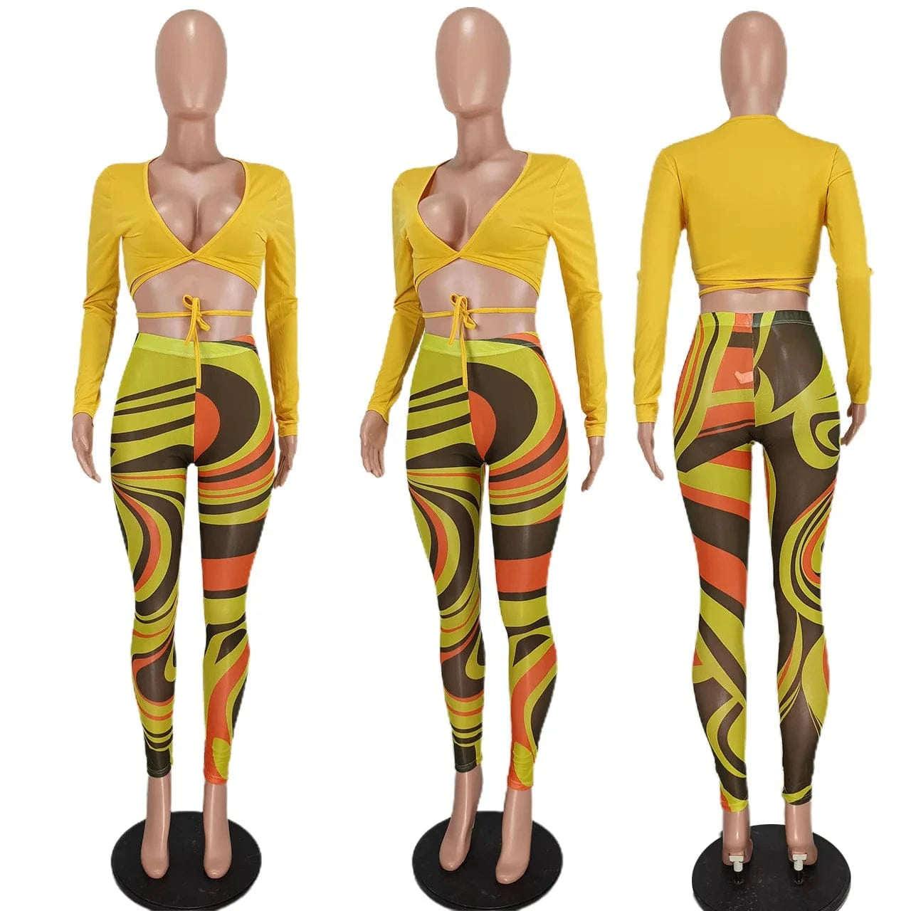 Summer Bandage Two Piece Set Sexy V Neck Lace Up Long Sleeve Crop Top Print Sheer Mesh Pants Club Party 2 Piece Set Women