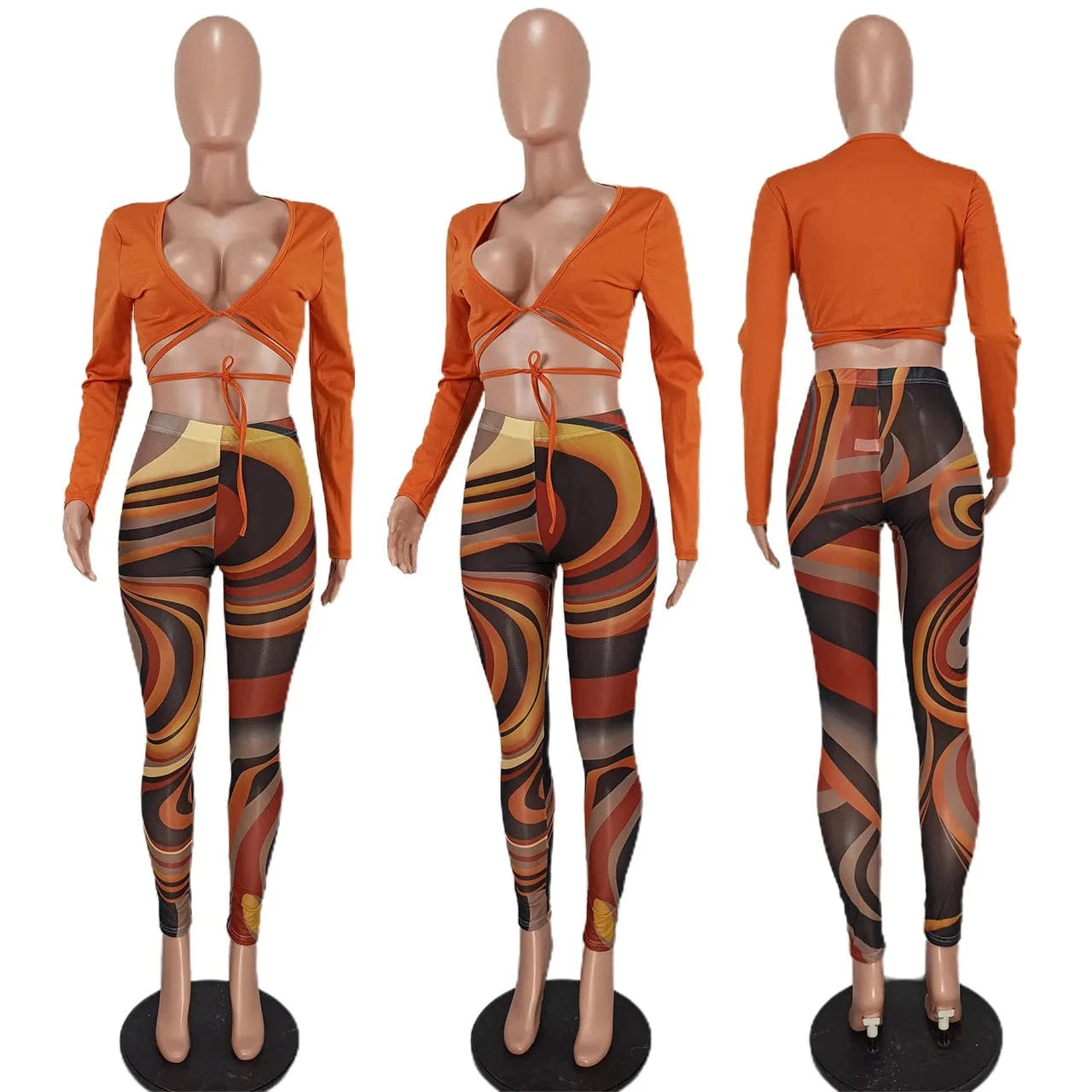 Summer Bandage Two Piece Set Sexy V Neck Lace Up Long Sleeve Crop Top Print Sheer Mesh Pants Club Party 2 Piece Set Women