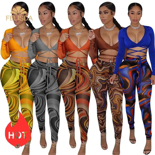 Summer Bandage Two Piece Set Sexy V Neck Lace Up Long Sleeve Crop Top Print Sheer Mesh Pants Club Party 2 Piece Set Women