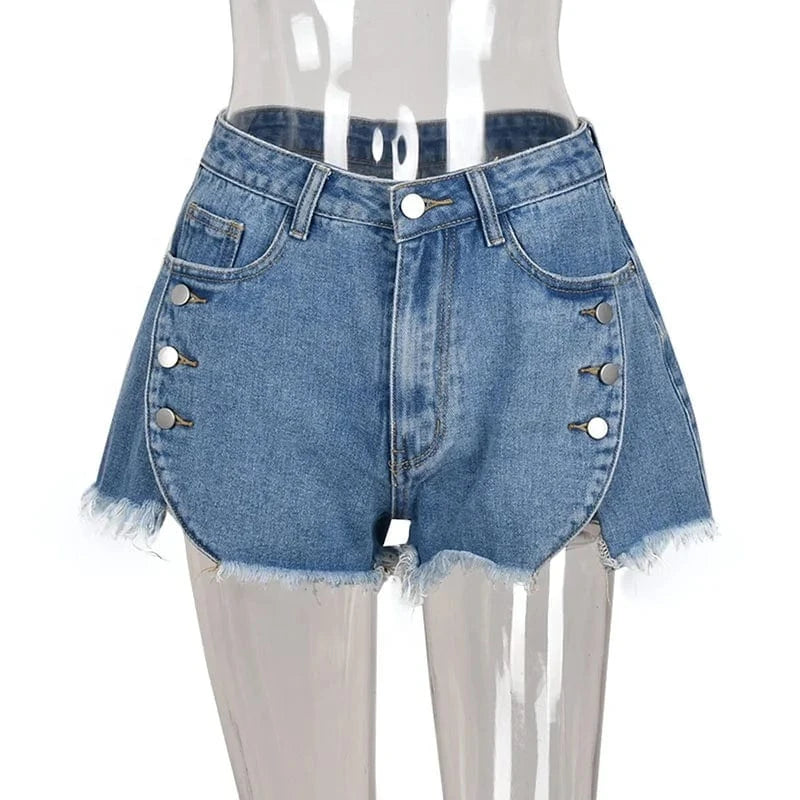 Summer Blue Denim Shorts Hight Waist Button Tassel Shorts Jeans Sexy Bodycon Pocket Short Pants Streetwear Club Outfits