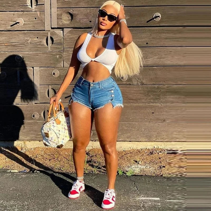 Summer Blue Denim Shorts Hight Waist Button Tassel Shorts Jeans Sexy Bodycon Pocket Short Pants Streetwear Club Outfits