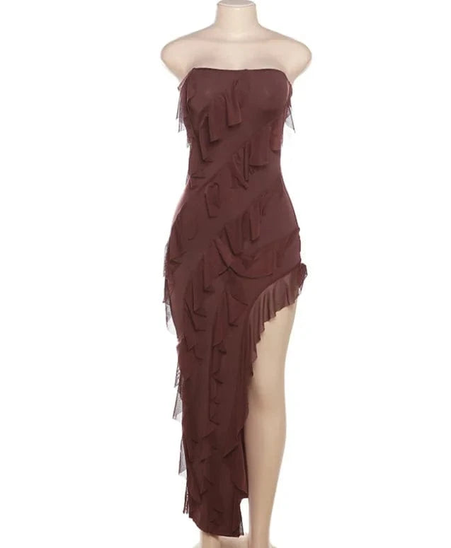 Summer Chic Slit Maxi Dress 2024 Fashion Strapless Bodycon Dresses For Women Sexy Party Split Ruffles Long Dress