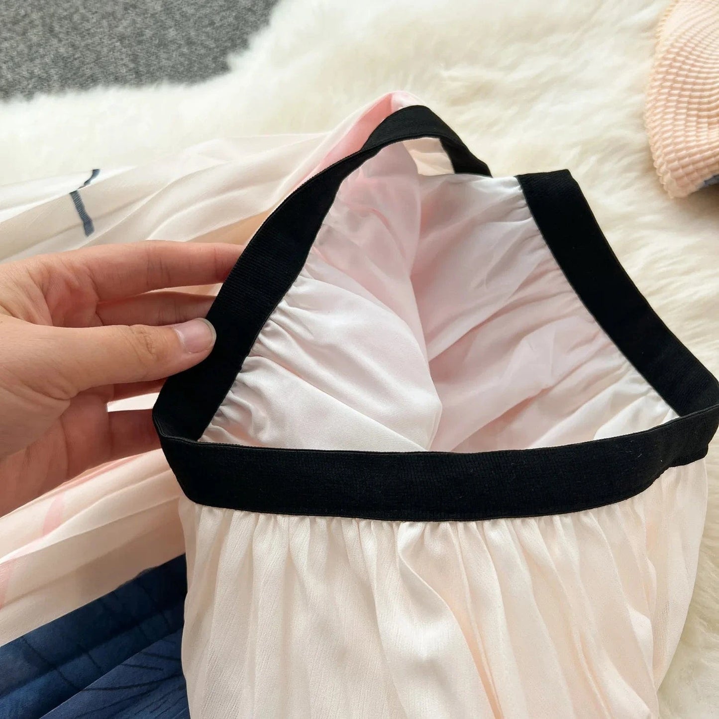Summer Contrast Color Miyake 2 Pieces Set Women's Short Sleeve High Stretch Pullover Shirt Top+Long Pleated Chiffon Skirt Suit