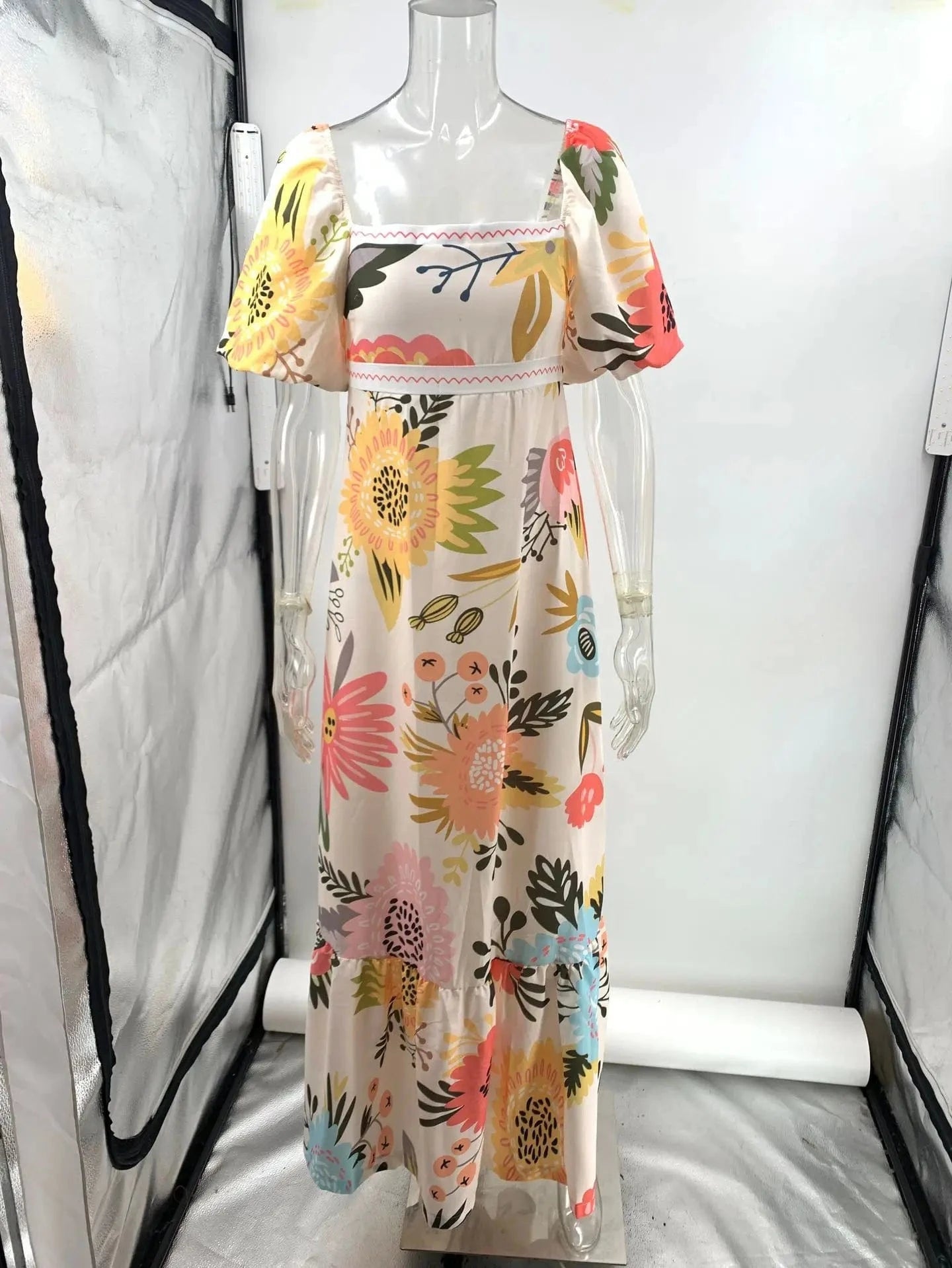 Summer Dress Elegant Women Flower Printed Maxi Dress High Waisted Short Sleeve Square Collar 2025 Summer Fashion Holiday Dresses