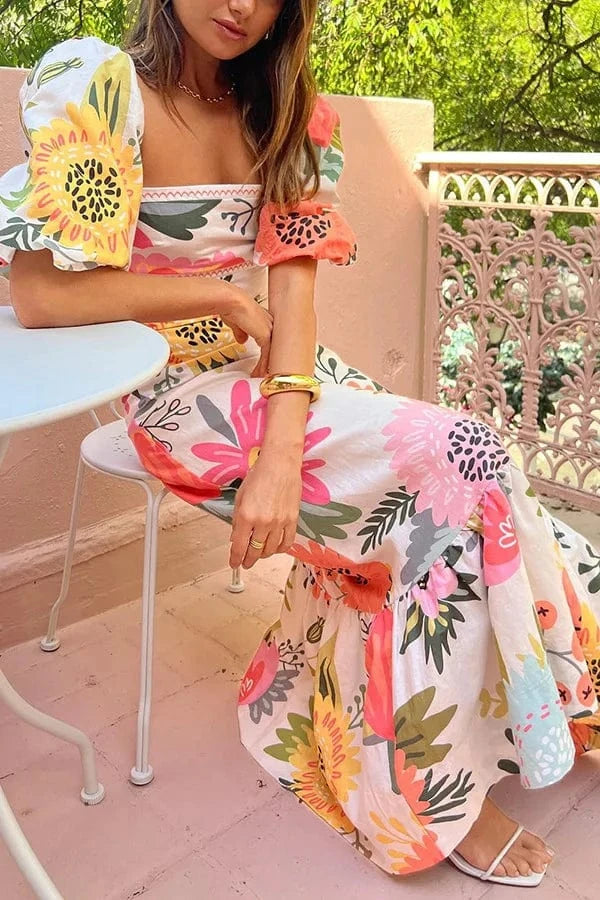 Summer Dress Elegant Women Flower Printed Maxi Dress High Waisted Short Sleeve Square Collar 2025 Summer Fashion Holiday Dresses