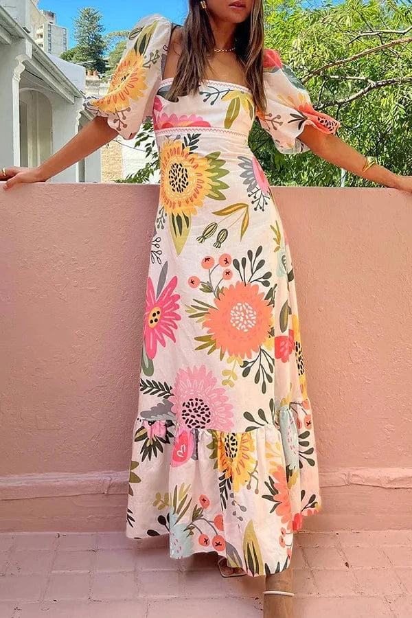 Summer Dress Elegant Women Flower Printed Maxi Dress High Waisted Short Sleeve Square Collar 2025 Summer Fashion Holiday Dresses