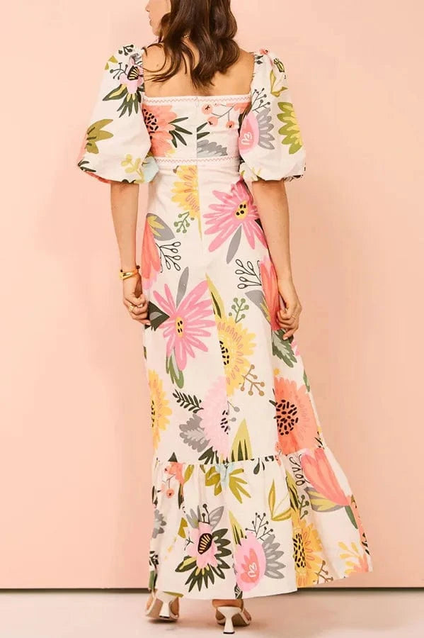 Summer Dress Elegant Women Flower Printed Maxi Dress High Waisted Short Sleeve Square Collar 2025 Summer Fashion Holiday Dresses