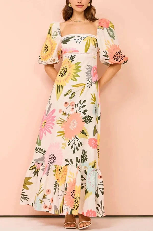 Summer Dress Elegant Women Flower Printed Maxi Dress High Waisted Short Sleeve Square Collar 2025 Summer Fashion Holiday Dresses