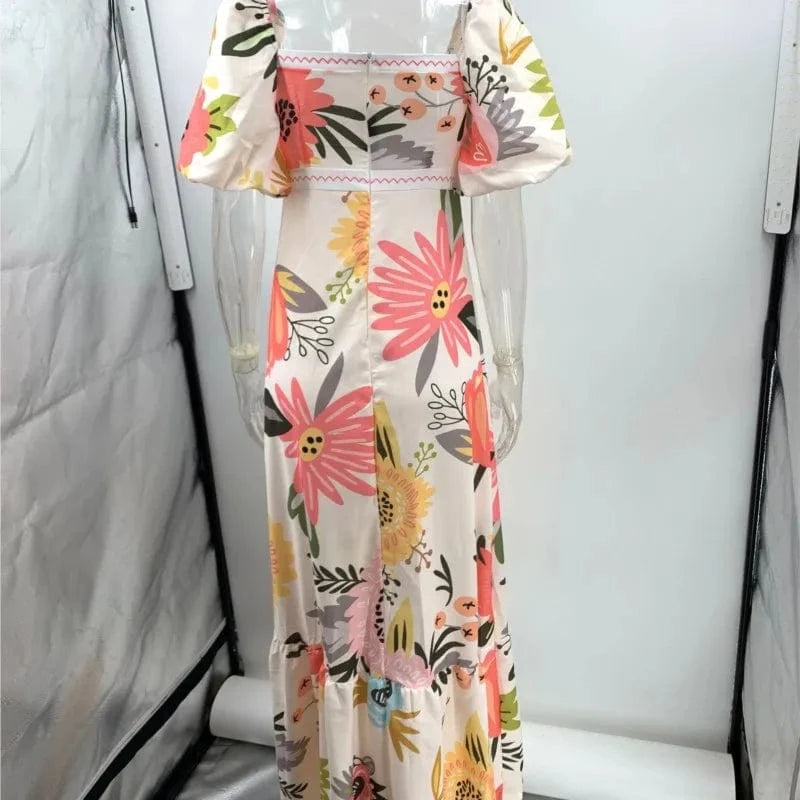 Summer Dress Elegant Women Flower Printed Maxi Dress High Waisted Short Sleeve Square Collar 2025 Summer Fashion Holiday Dresses