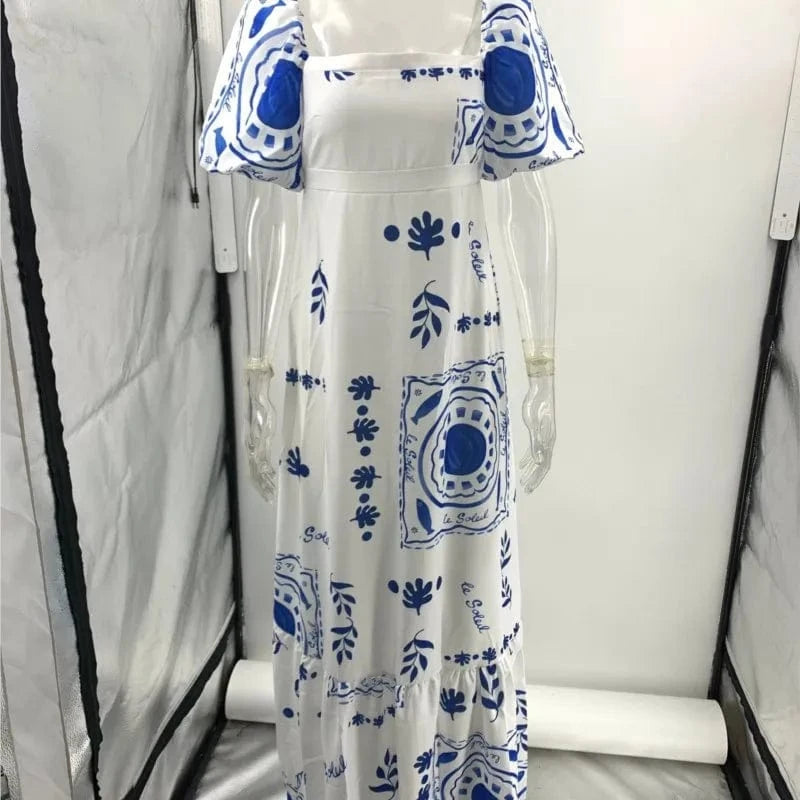 Summer Dress Elegant Women Flower Printed Maxi Dress High Waisted Short Sleeve Square Collar 2025 Summer Fashion Holiday Dresses