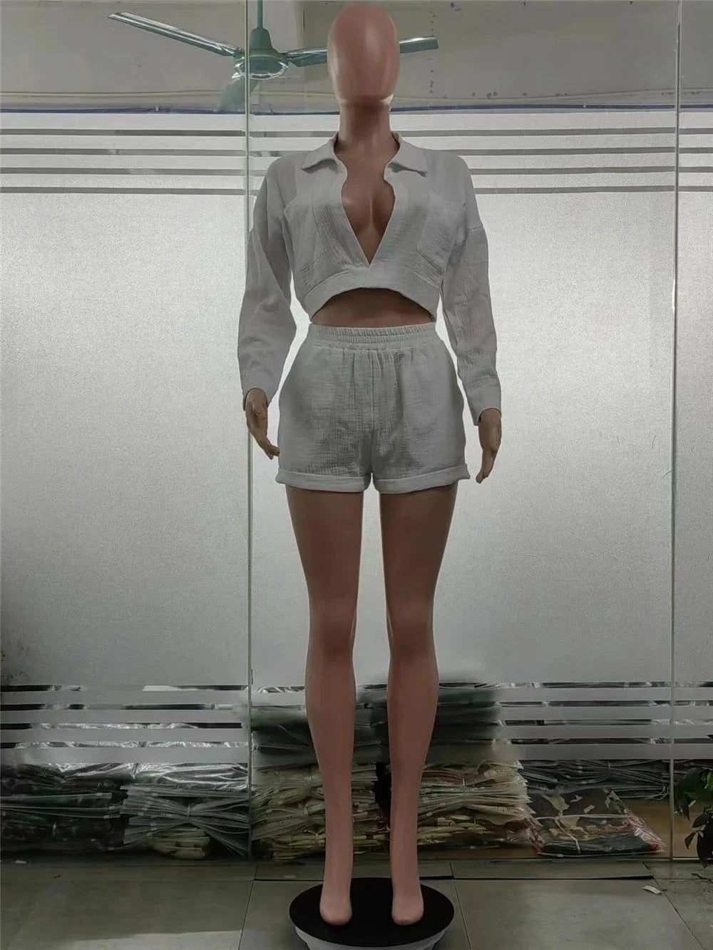 Summer Fall Women'S 2 Piece Set Clothing Sexy Deep V Neck Pullover Shirt and Short Set Women White Cotton Two Pieces for Women