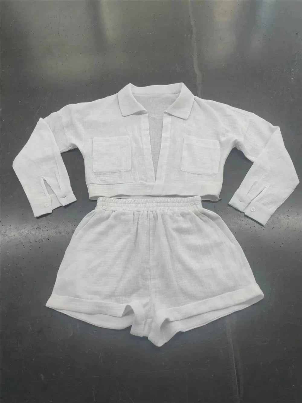 Summer Fall Women'S 2 Piece Set Clothing Sexy Deep V Neck Pullover Shirt and Short Set Women White Cotton Two Pieces for Women