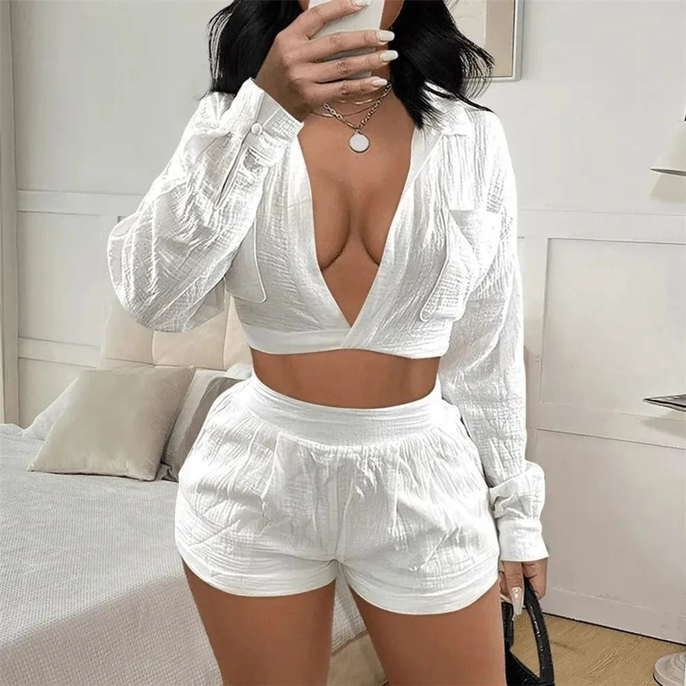 Summer Fall Women'S 2 Piece Set Clothing Sexy Deep V Neck Pullover Shirt and Short Set Women White Cotton Two Pieces for Women