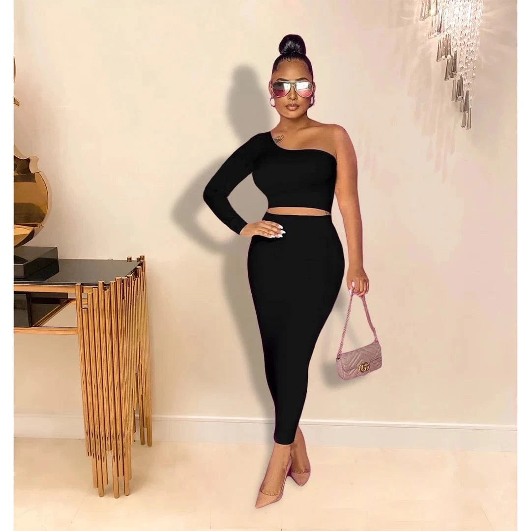 Summer Fashion elegant shoulder out 2 piece skirt set Maxi Bodycon plus size two piece skirt set