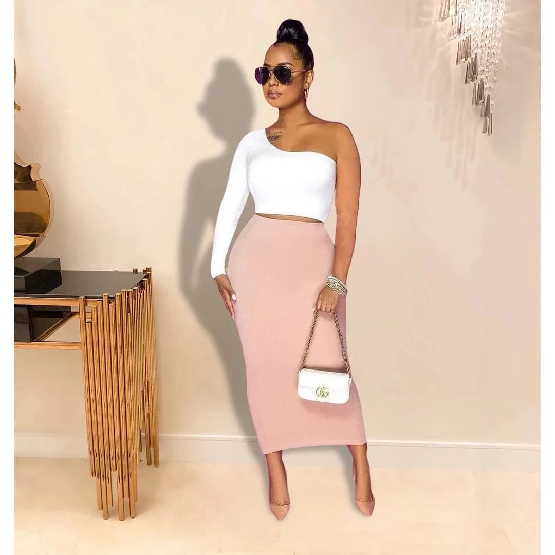Summer Fashion elegant shoulder out 2 piece skirt set Maxi Bodycon plus size two piece skirt set
