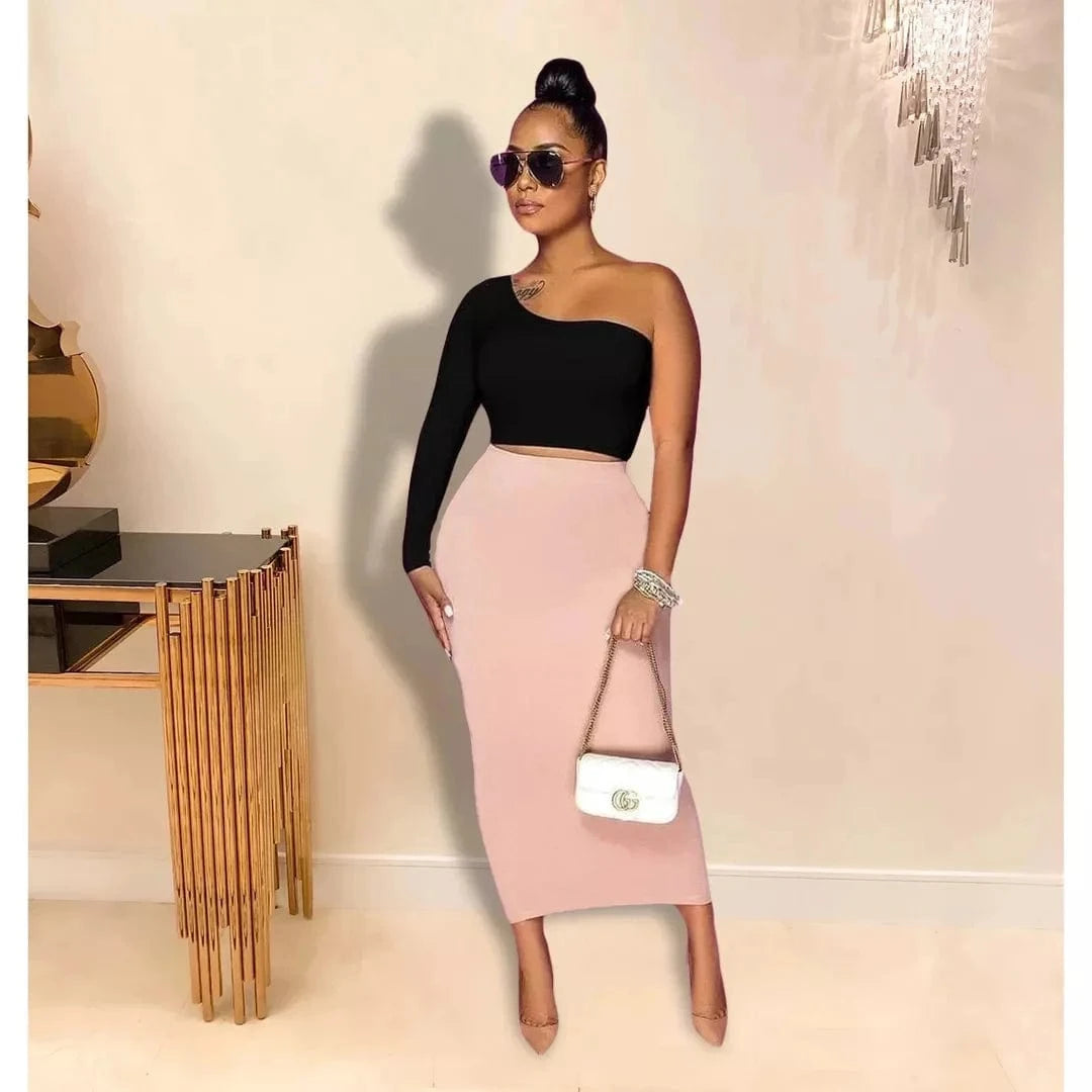 Summer Fashion elegant shoulder out 2 piece skirt set Maxi Bodycon plus size two piece skirt set