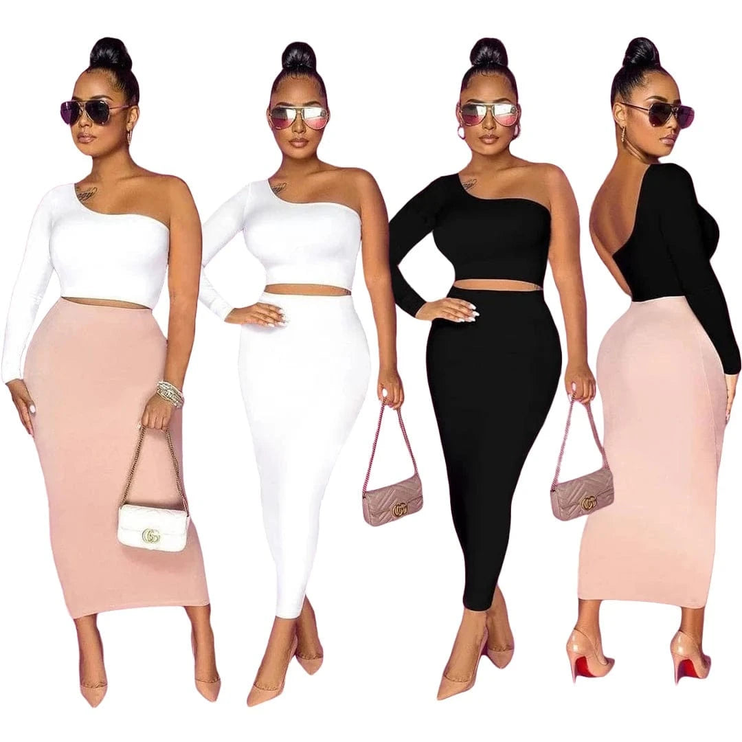 Summer Fashion elegant shoulder out 2 piece skirt set Maxi Bodycon plus size two piece skirt set