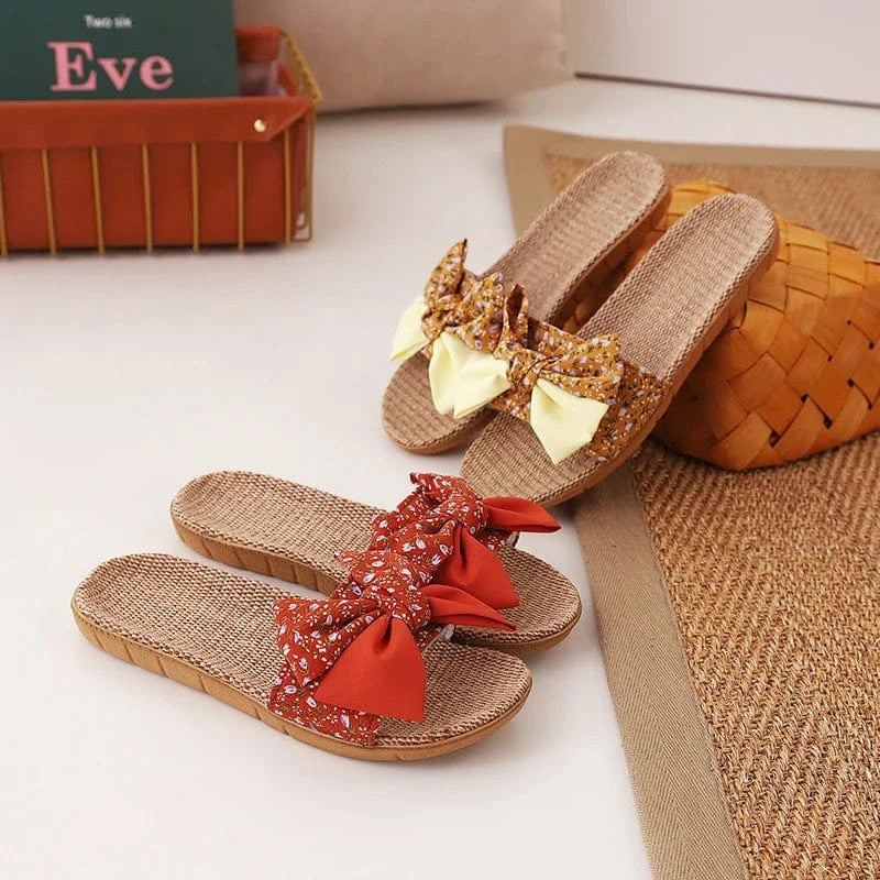 Summer Female Bohemia Bowknot Flax Linen Flip Flops Beach Shoes Sandals Slipper Women's Shoes