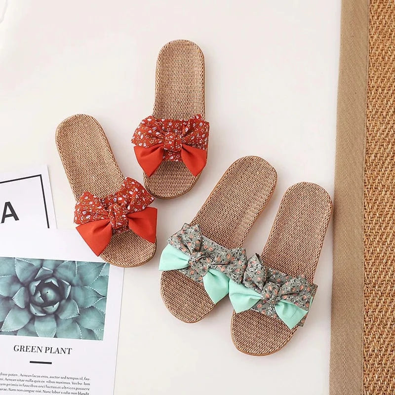 Summer Female Bohemia Bowknot Flax Linen Flip Flops Beach Shoes Sandals Slipper Women's Shoes