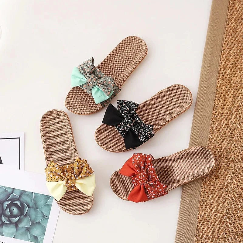 Summer Female Bohemia Bowknot Flax Linen Flip Flops Beach Shoes Sandals Slipper Women's Shoes