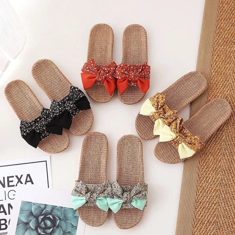 Summer Female Bohemia Bowknot Flax Linen Flip Flops Beach Shoes Sandals Slipper Women's Shoes