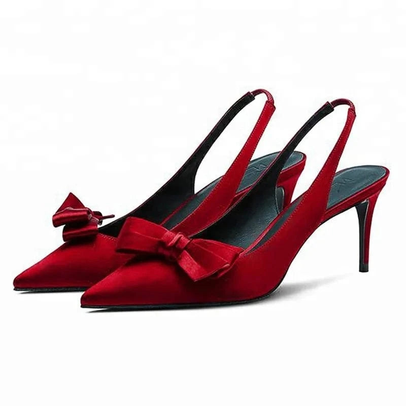 Summer Female Red Silk Bowknot Stilettos Fashionable Pointy Shoes Heel Sandals Wedding heel