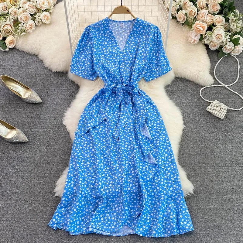 Summer Floral Printed Boho Midi Dress for Women V-neck French Slim Short Sleeve Beach Chiffon Dresses Lady Korean Cute Clothing