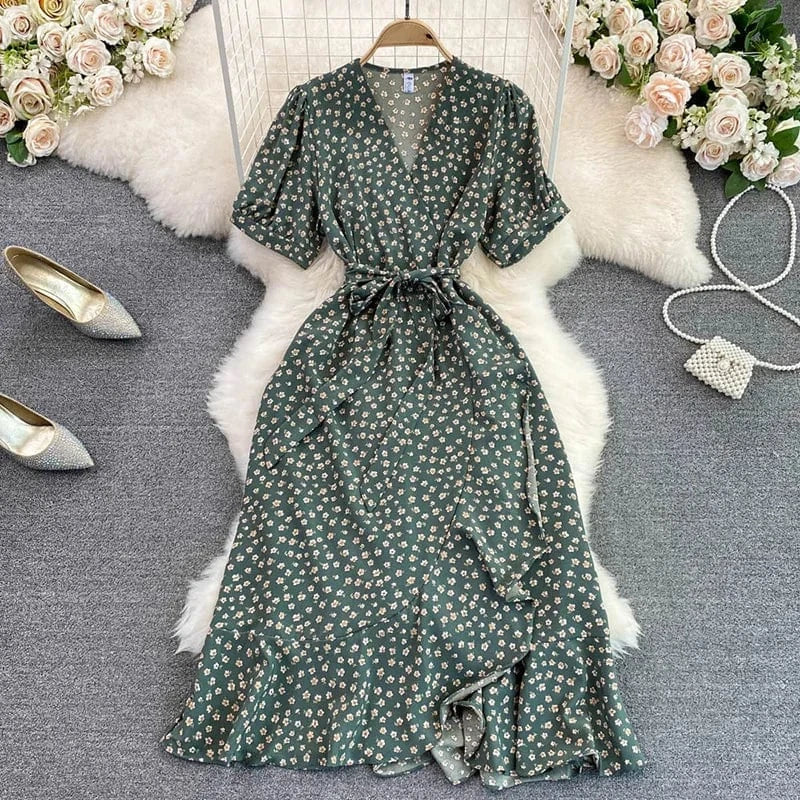 Summer Floral Printed Boho Midi Dress for Women V-neck French Slim Short Sleeve Beach Chiffon Dresses Lady Korean Cute Clothing