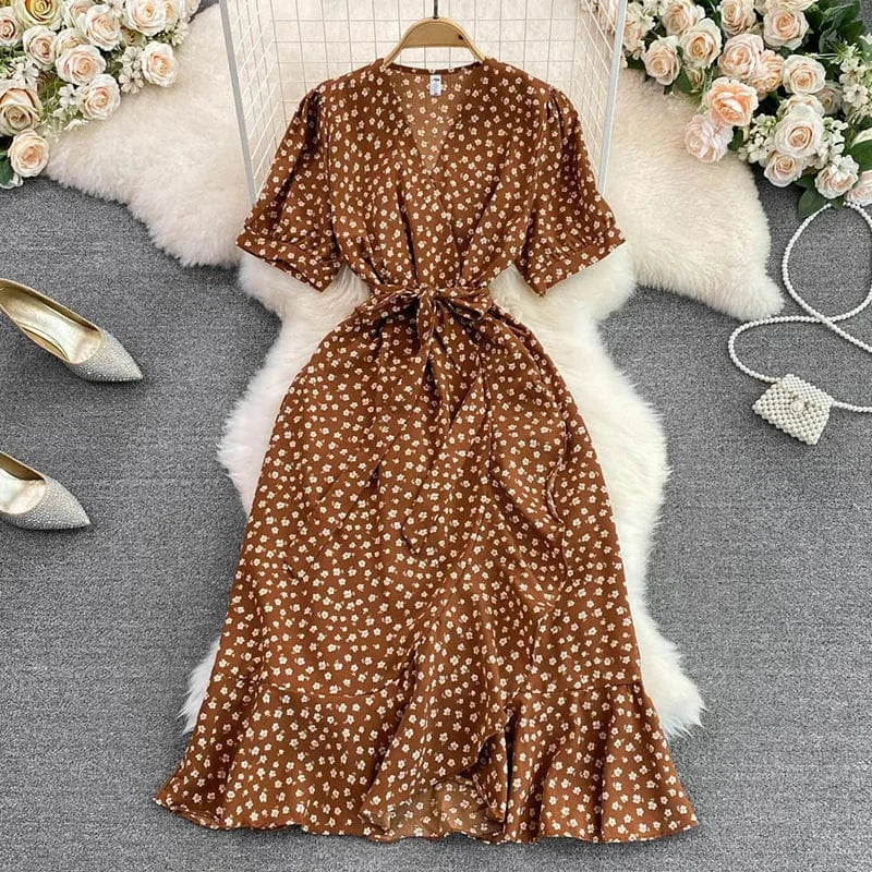 Summer Floral Printed Boho Midi Dress for Women V-neck French Slim Short Sleeve Beach Chiffon Dresses Lady Korean Cute Clothing