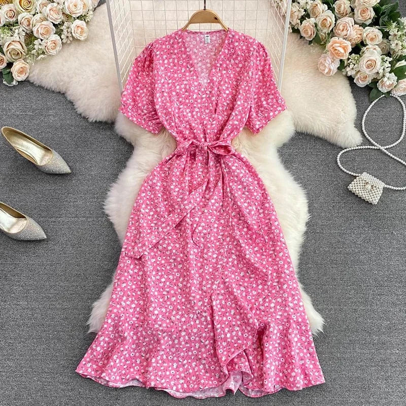 Summer Floral Printed Boho Midi Dress for Women V-neck French Slim Short Sleeve Beach Chiffon Dresses Lady Korean Cute Clothing