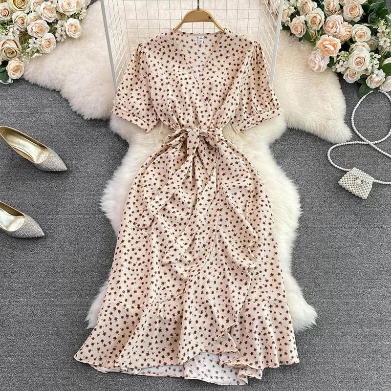 Summer Floral Printed Boho Midi Dress for Women V-neck French Slim Short Sleeve Beach Chiffon Dresses Lady Korean Cute Clothing