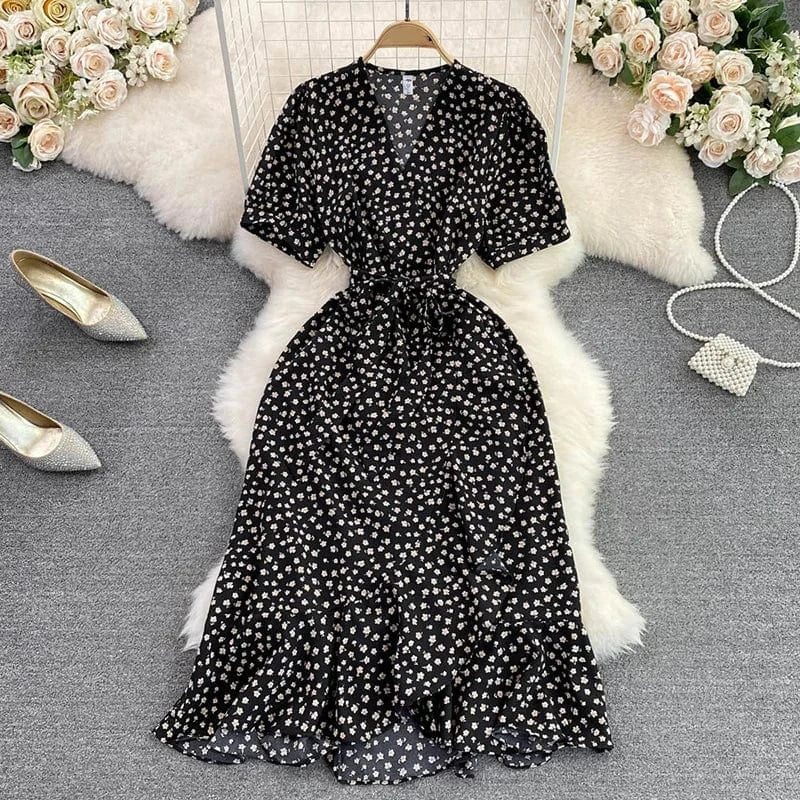 Summer Floral Printed Boho Midi Dress for Women V-neck French Slim Short Sleeve Beach Chiffon Dresses Lady Korean Cute Clothing