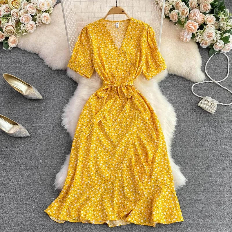 Summer Floral Printed Boho Midi Dress for Women V-neck French Slim Short Sleeve Beach Chiffon Dresses Lady Korean Cute Clothing