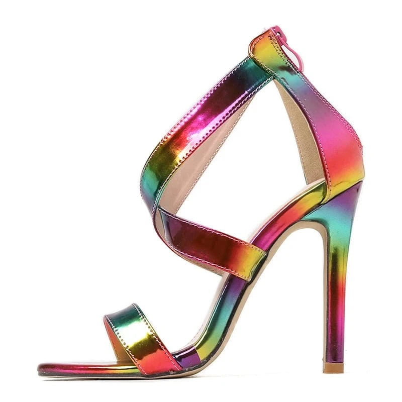 Summer Gladiator 2023 Open Toe Ankle Zippers Fashion Colored PU Thin High Heel Sandals Party Dress Wedding 35-42 Women Shoes