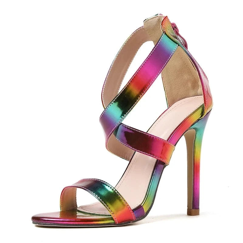 Summer Gladiator 2023 Open Toe Ankle Zippers Fashion Colored PU Thin High Heel Sandals Party Dress Wedding 35-42 Women Shoes