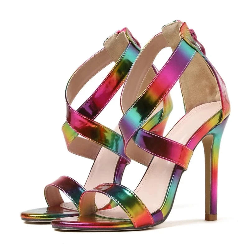 Summer Gladiator 2023 Open Toe Ankle Zippers Fashion Colored PU Thin High Heel Sandals Party Dress Wedding 35-42 Women Shoes