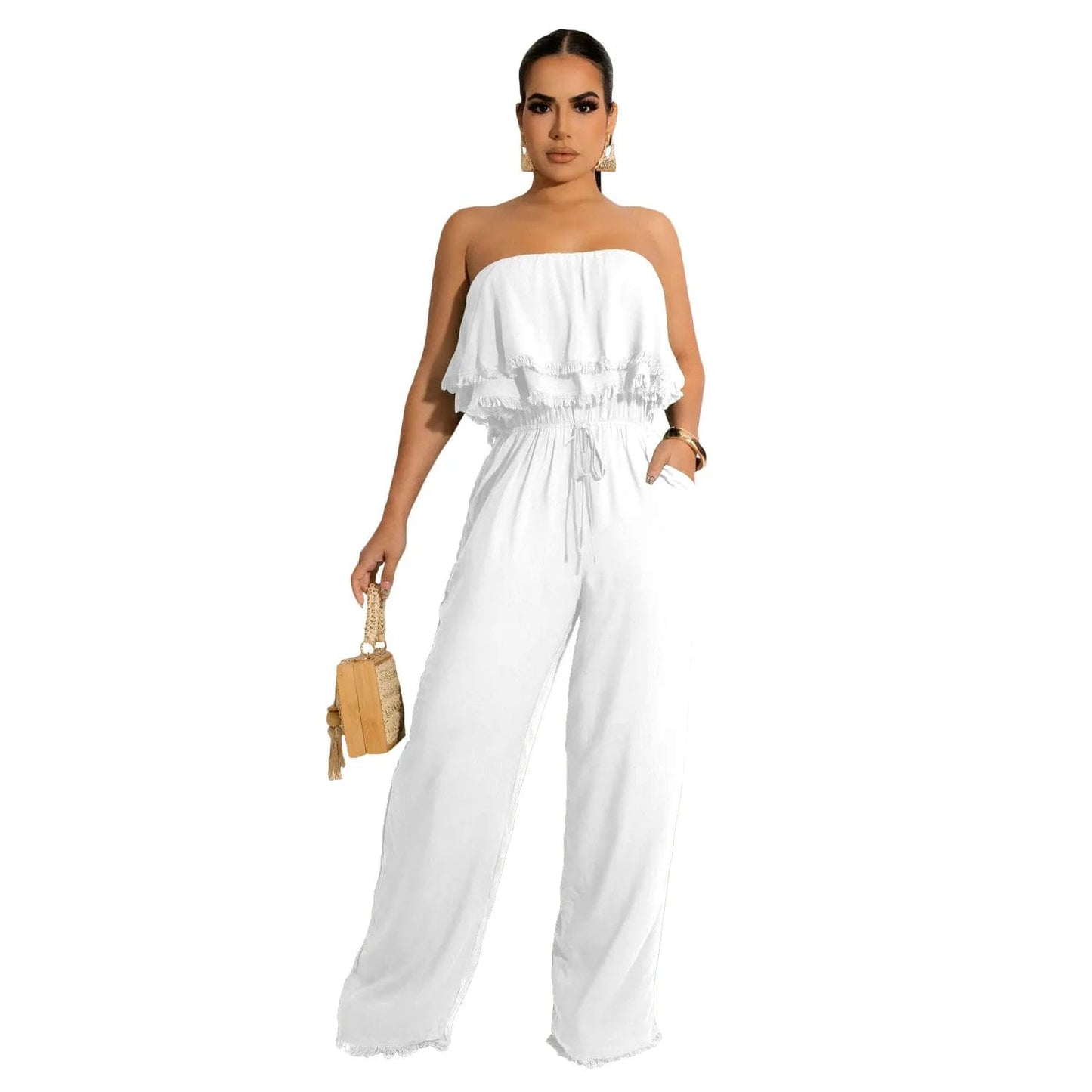 Summer jumpsuit women's casual wrap chest ruffle jumpsuit 2024 elegant office ladies work casual bodysuits