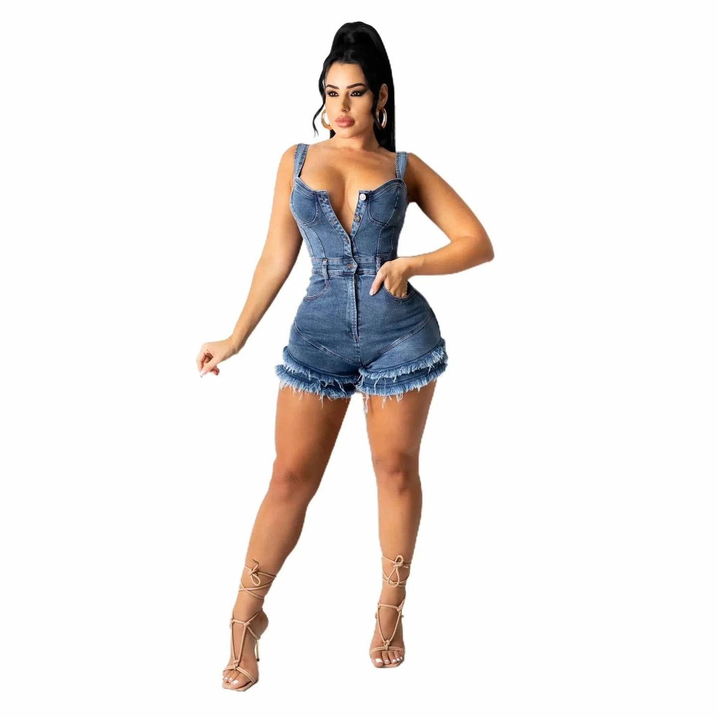 Summer Ladies Jean Short Jumpsuit Trendy Sleeveless Girls Halter Jeans Rompers Sexy Bodycon One Piece Denim Jumpsuit Women