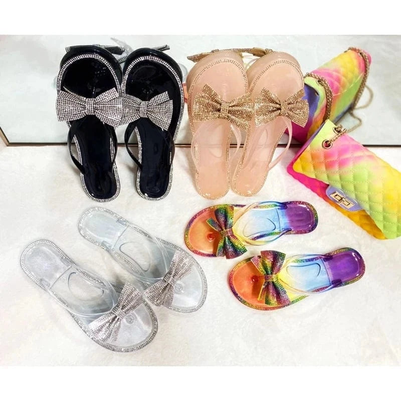 Summer Ladies Slippers Women Shoes Crystal Cute Bow Flat Heel Female Flip Flops Beautiful Woman Beach Slippers Summer Sandals