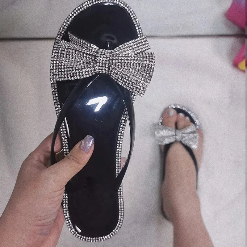 Summer Ladies Slippers Women Shoes Crystal Cute Bow Flat Heel Female Flip Flops Beautiful Woman Beach Slippers Summer Sandals