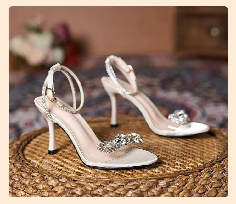 Summer New High Heel Shoes Women Stiletto Plus Size Sandals Women High Heels Party Shoes Ladies Sandals Open Toe Rhinestone PVC