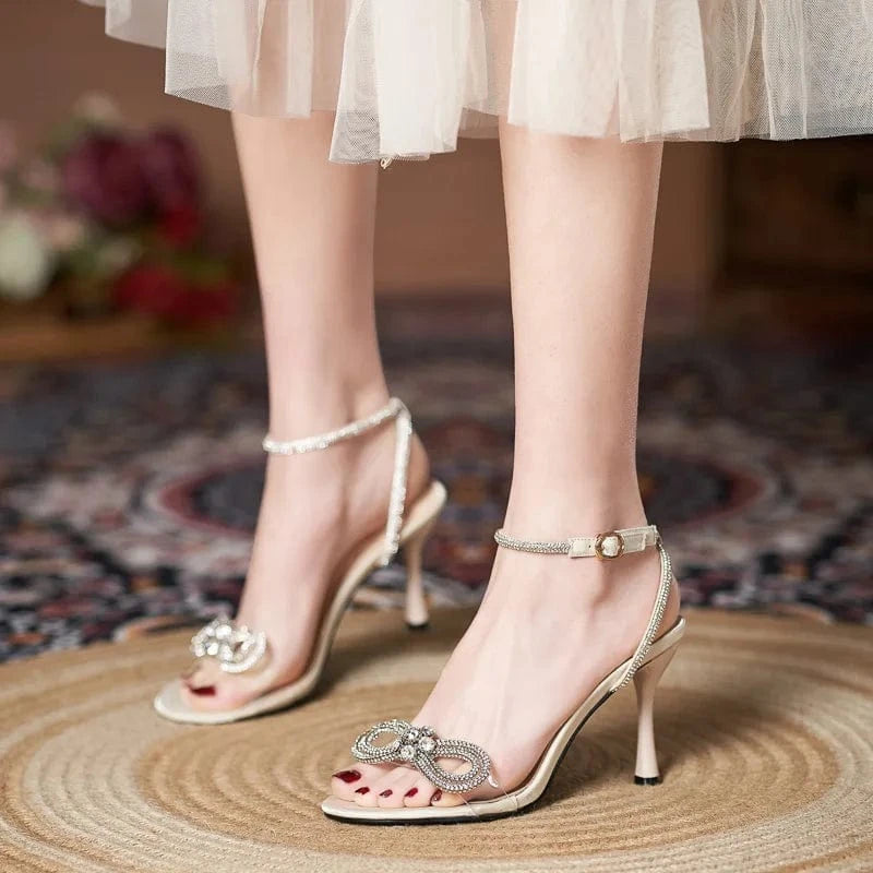 Summer New High Heel Shoes Women Stiletto Plus Size Sandals Women High Heels Party Shoes Ladies Sandals Open Toe Rhinestone PVC