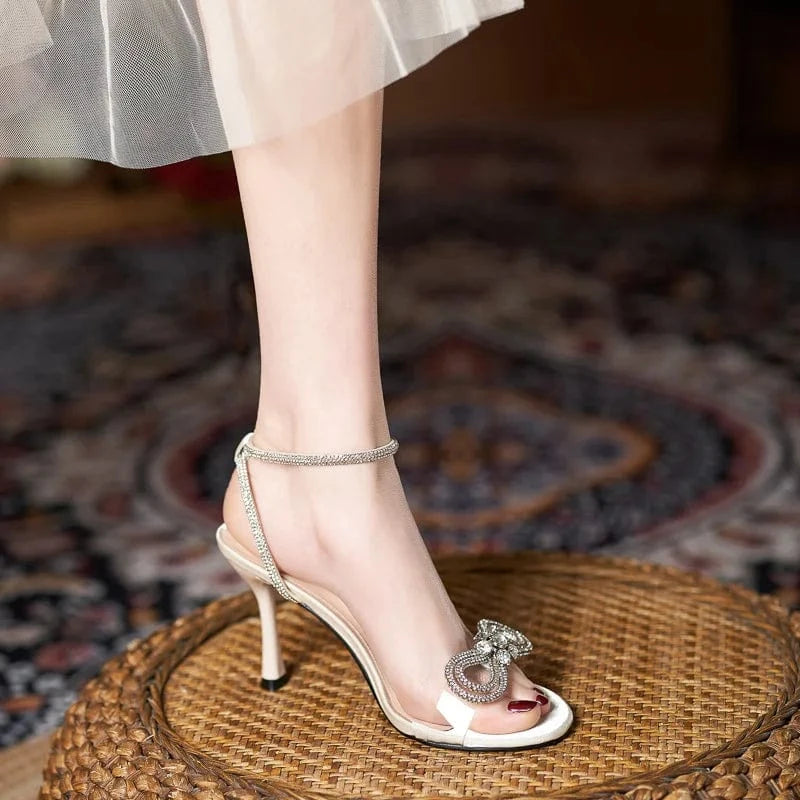 Summer New High Heel Shoes Women Stiletto Plus Size Sandals Women High Heels Party Shoes Ladies Sandals Open Toe Rhinestone PVC