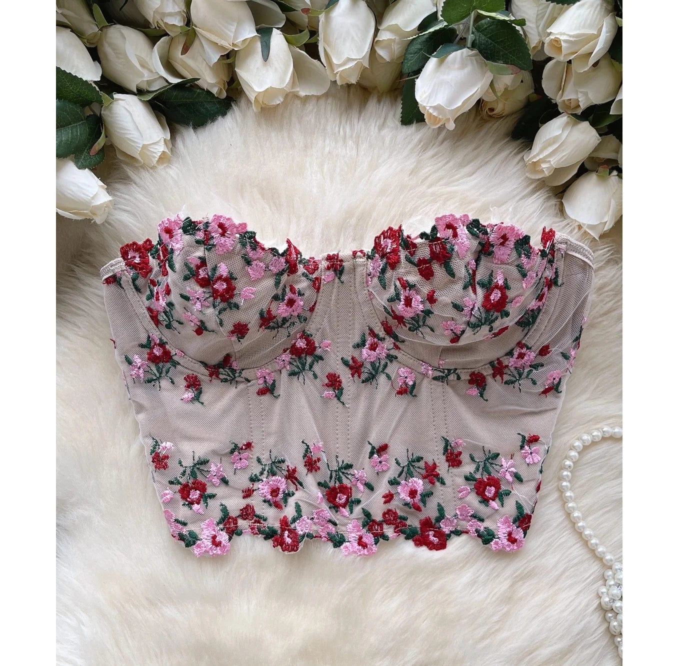 Summer New Retro Embroidery Fragmented Flower Bra Lace Sexy Slimming Short Women's Vests