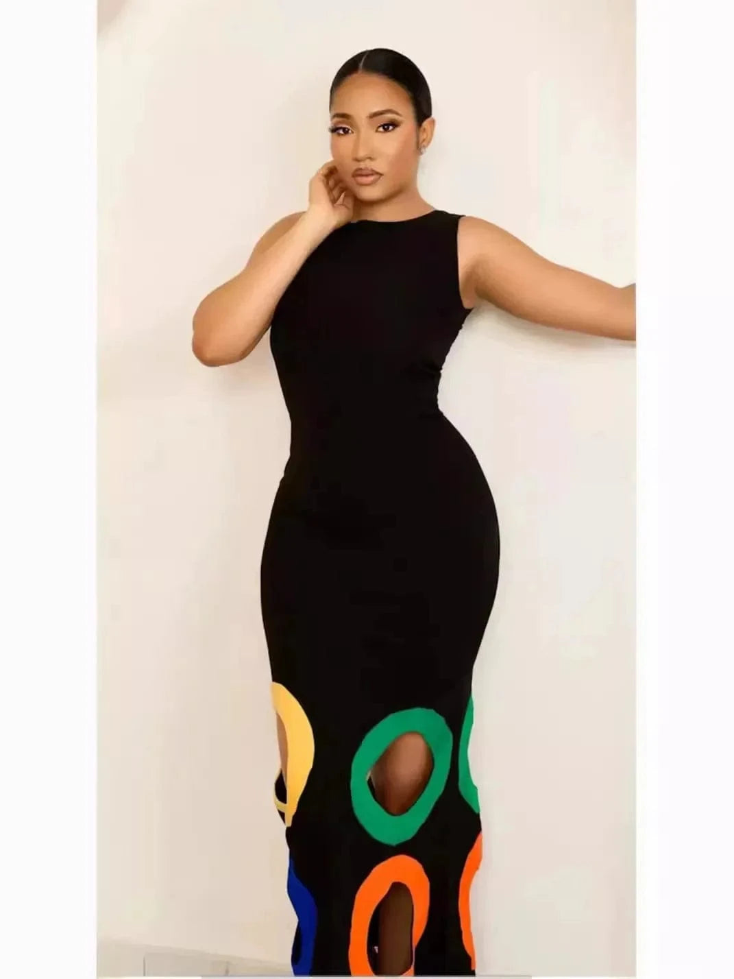 Summer new women clothing ladies elegant fashion round neck sleeveless color matching hollow embroidery women's A long dress