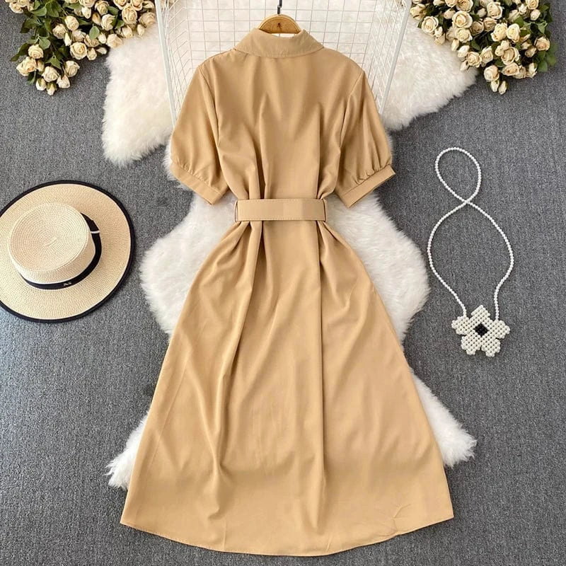 Summer Office Ladies Elegant Midi Dress Single-breasted Short Sleeve Shirt Dresses for Women With Belt New Fashion A-line Robes