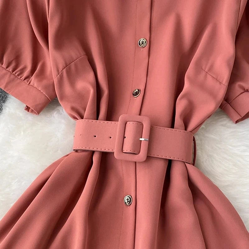 Summer Office Ladies Elegant Midi Dress Single-breasted Short Sleeve Shirt Dresses for Women With Belt New Fashion A-line Robes
