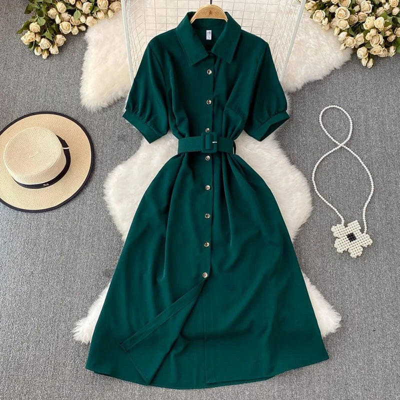 Summer Office Ladies Elegant Midi Dress Single-breasted Short Sleeve Shirt Dresses for Women With Belt New Fashion A-line Robes