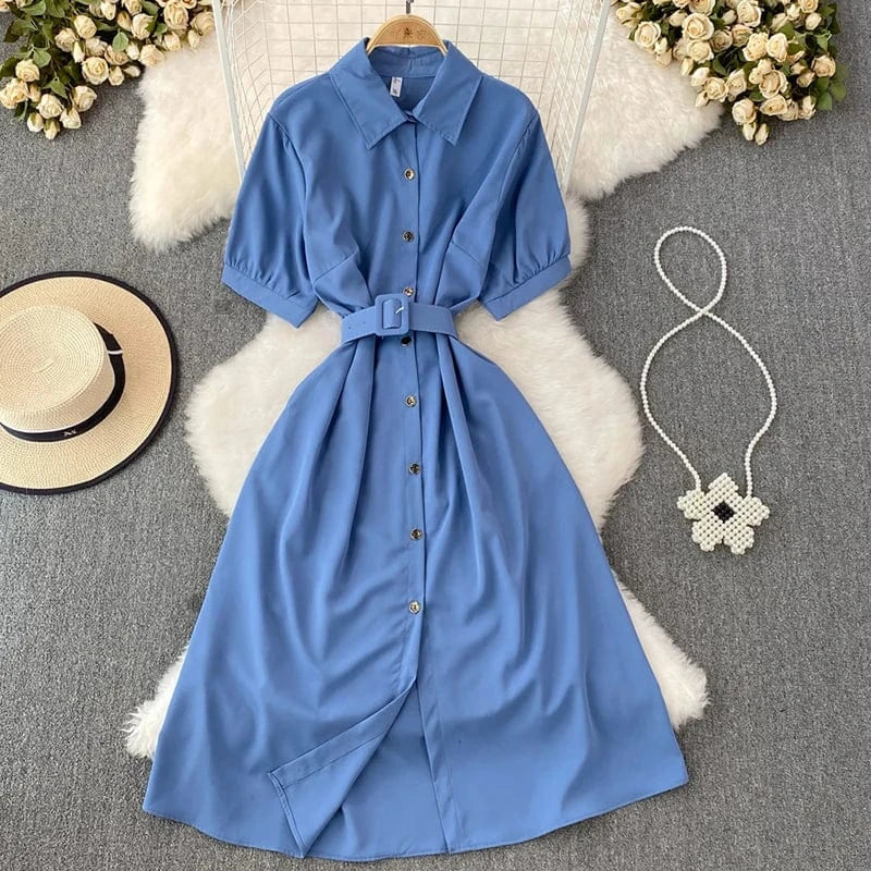 Summer Office Ladies Elegant Midi Dress Single-breasted Short Sleeve Shirt Dresses for Women With Belt New Fashion A-line Robes